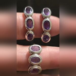 AMETHYST 925, STERLING SILVER, EARRINGS AND RING SET SIZE 6.5